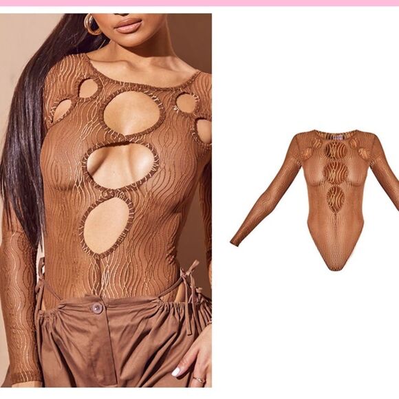 NWT PrettyLittleThing 4 Sheer/Gold Brown Texture Mesh Cut Out Lng Sleve Bodysuit - Picture 9 of 12